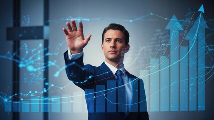 A young Caucasian man in a suit gestures towards a digital graph with upward trends. The background features abstract data visualizations.