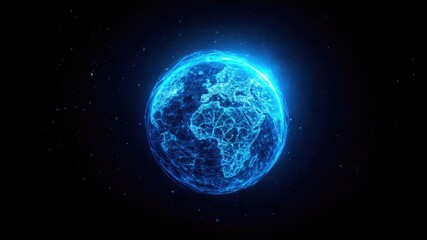 A digital representation of Earth with glowing blue lines and a dark background. The continents are visible, showcasing a network of connections.