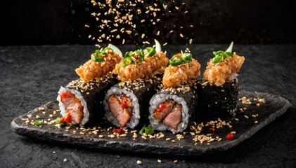 Sushi rolls arranged on a black slate plate. The rolls contain salmon, avocado, and crispy tempura topping, garnished with sesame seeds and green onions.
