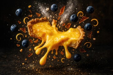 A splashing lemon tart with a golden filling, surrounded by blueberries and caramel pieces, creating a dynamic and vibrant food scene.