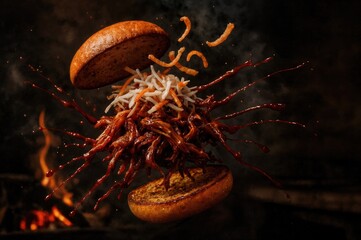 A floating burger with pulled pork and crispy toppings, surrounded by smoke and flames. The scene captures a dynamic food preparation moment.