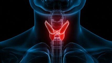 A digital illustration showing the thyroid gland in the human neck, highlighted in red within a transparent anatomical view. - Powered by Adobe