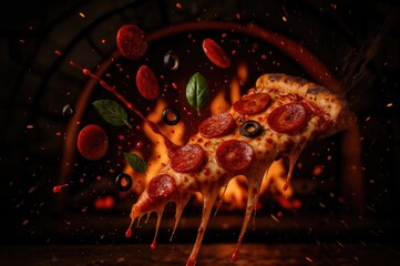 A slice of pepperoni pizza with melted cheese and fresh basil, suspended in mid-air against a backdrop of a wood-fired oven with flames.