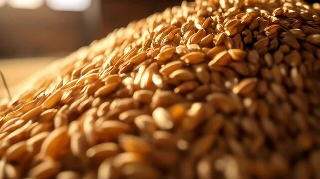 Abundance of ripe golden wheat grains piled in a heap, food source close up with depth, harvest and agriculture concept, grains and seeds of wheat.