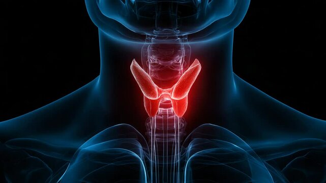 A digital illustration showing the thyroid gland in the human neck, highlighted in red within a transparent anatomical view.