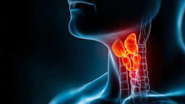 A digital illustration of the human neck highlights the thyroid gland and its location in the throat.