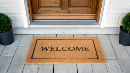 A door mat with the inscription “welcome”. Interior mat
