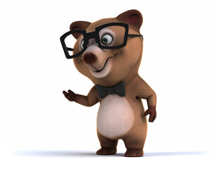 Naklejka premium Cute Cartoon Bear with Glasses A 3D Render of a Smart and Friendly Animal Character, Adorable Animation Style