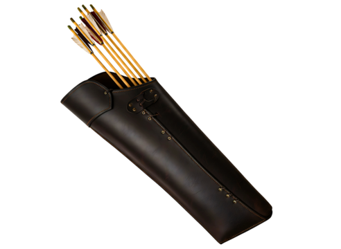 Detailed leather quiver filled with fletched arrows isolated on transparent background