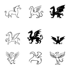 Obraz premium icons set of mythical creatures, black and white, stroke, jpg