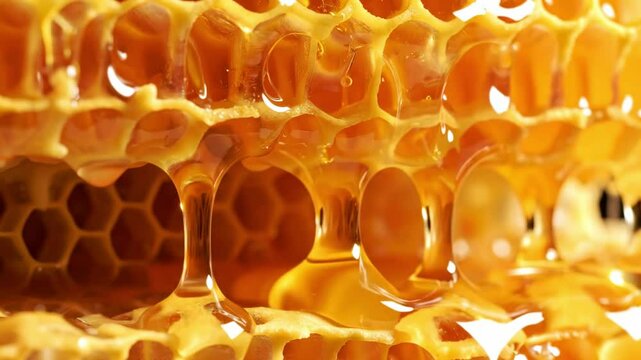 Closeup of a honeycomb with viscous honey oozing from its hexagonal cells