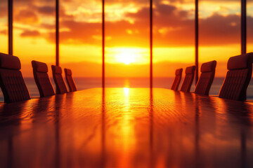 A conference table sits empty before a breathtaking sunset, symbolizing opportunity and potential.