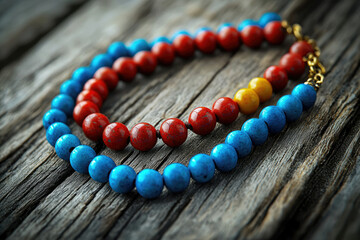 A vibrant beaded necklace featuring blue, red, and yellow stones rests on weathered wood.