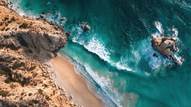 Aerial view of a coastline with cliffs beach and turquoise ocean water. - Powered by Adobe