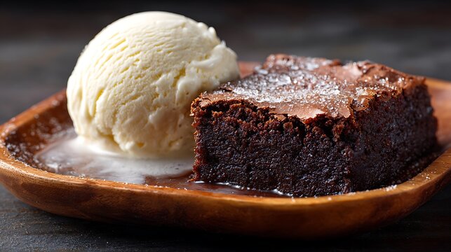 A warm chocolate brownie sits beside a scoop of vanilla ice cream on a wooden plate. Condensation beads on the ice cream, enhancing the sense of indulgence and comfort