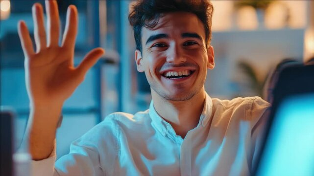 Man smiling, wearing casual clothes and waving with a friendly gesture towards the camera. Indoors setting suggests modern social interaction.