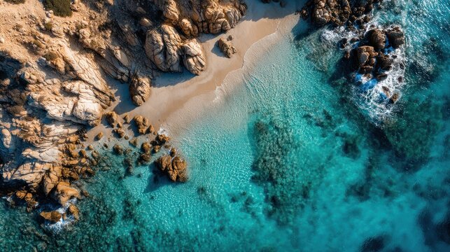 Aerial view of a rocky coastline with turquoise water and a small beach.