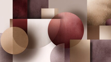 A minimalist composition of geometric shapes in shades of burgundy, taupe, and beige, arranged to form an abstract background with soft gradients and subtle textures for decoration or design. 