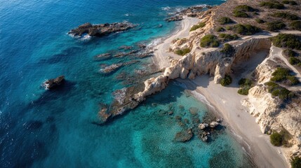 Obraz premium Aerial view of a beach with turquoise water and rocky formations.