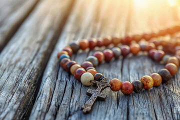 A beaded rosary with a cross rests on weathered wood, bathed in sunlight.