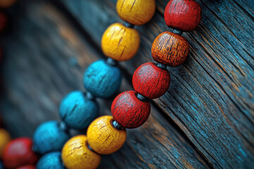 Close-up of a vibrant wooden beaded necklace with red, yellow, and blue beads on a rustic wooden background.