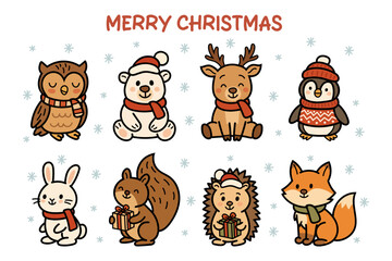 Set of cute cartoon woodland and polar animals in winter clothes with gifts. Merry Christmas greeting vector illustration.