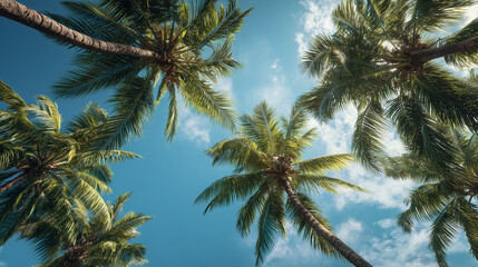 Low angle view of five tall coconut palm trees, tropical sky background, sunny day, lush green leaves, relaxing nature scene, summer vibe, exotic outdoor landscape.