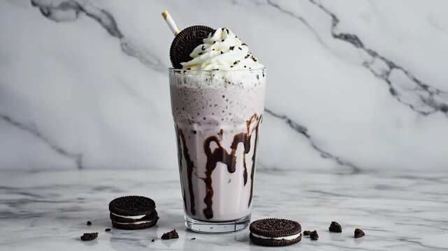 Oreo milkshake, creamy and thick, topped with whipped cream and crushed Oreo cookies, served in a tall glass, milk and cookie crumbs on a marble counter
