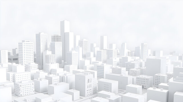 Photo realism. very detailed. wide angle modern smart 3d city white foreground made of white geometric shapes in perspective. Generative AI