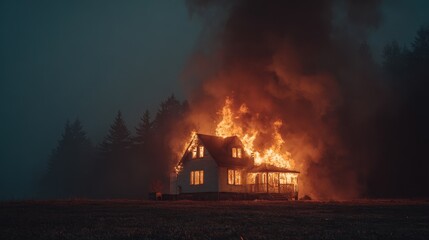 House engulfed in flames at night, illuminating the darkness with fiery glow and dense smoke, surrounded by trees and open field.