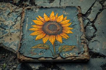 A painted sunflower on a weathered, cracked tile, found amidst ruins.