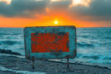 A weathered signpost stands against a vibrant sunset over a tranquil ocean, evoking a sense of peace and solitude.