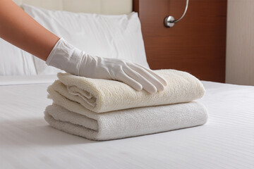 Housekeeping staff arranges clean towels on a hotel room bed
