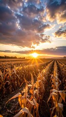 Golden Hour Cornfield Sunset Landscape.