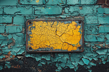 Cracked yellow paint on a weathered teal brick wall, showing signs of age and decay.