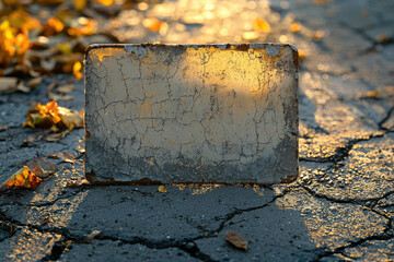 Cracked, weathered sign on asphalt, autumn leaves around, sunset light.
