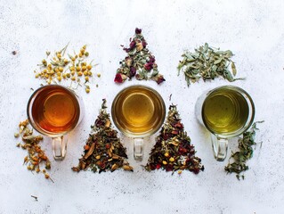 Three different herbal teas are arranged in glass cups, each surrounded by corresponding dried herbs. The warm tea colors contrast with the earthy hues of the herbs, creating a tranquil tea setup