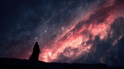Silhouette gazes at the cosmos: A solitary figure stands beneath a vibrant, star-studded sky, lost in the infinite beauty above.