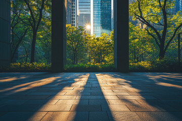 Sunlit urban oasis: skyscrapers framed by lush greenery, creating a serene, tranquil atmosphere.