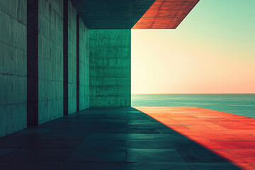 Minimalist architecture overlooking a serene ocean at sunset, casting long shadows.