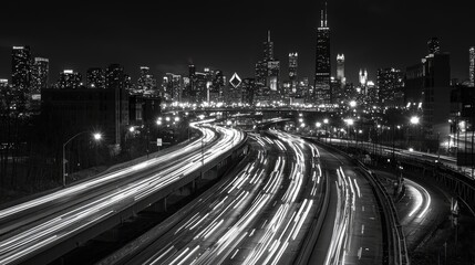 Urban highway at night, a black and white cityscape.