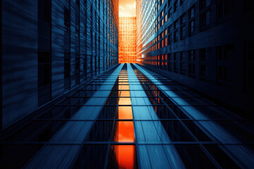A futuristic cityscape alleyway with towering buildings and a vibrant sunset reflecting on the glass.