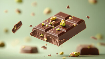 Dark chocolate with whole and crushed pistachios floating in mid air. Scattered crumbs, and a soft pastel green blurred background. Horizontal composition for elegant designs.