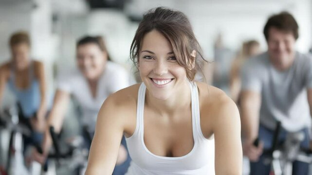 Group Indoor Cycling Class with Smiling Instructor Leading Enthusiastic Participants in Fitness Studio