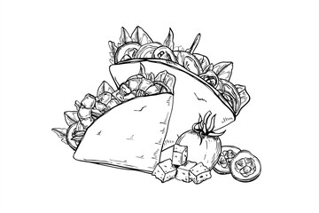 Monochrome two folded tortillas filled with vegetables, tomato slices, cucumber, and cheese cubes vector illustration. Traditional Mexican fast food for menu, food packaging, cookbook, healthy eating