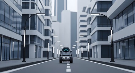 3D Robot on the Move in a Clean Modern Smart City. AI and automation technology concept.