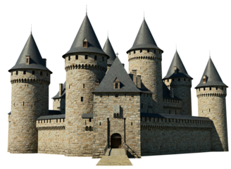 Majestic stone medieval castle with multiple towers and conical roofs isolated on transparent background