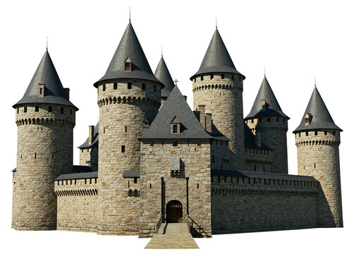 Majestic stone medieval castle with multiple towers and conical roofs isolated on transparent background