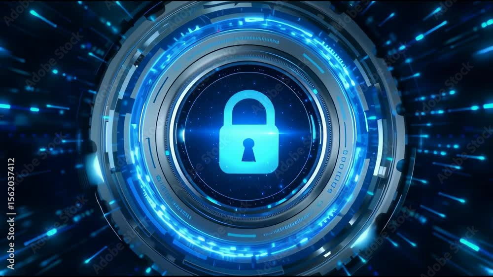 Poster digital security glowing lock icon in futuristic circular interface showcasing advanced cyber protec