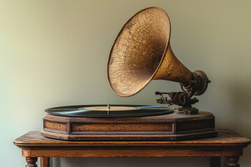 Antique gramophone with a cracked horn plays vinyl records, evoking nostalgia and vintage charm.